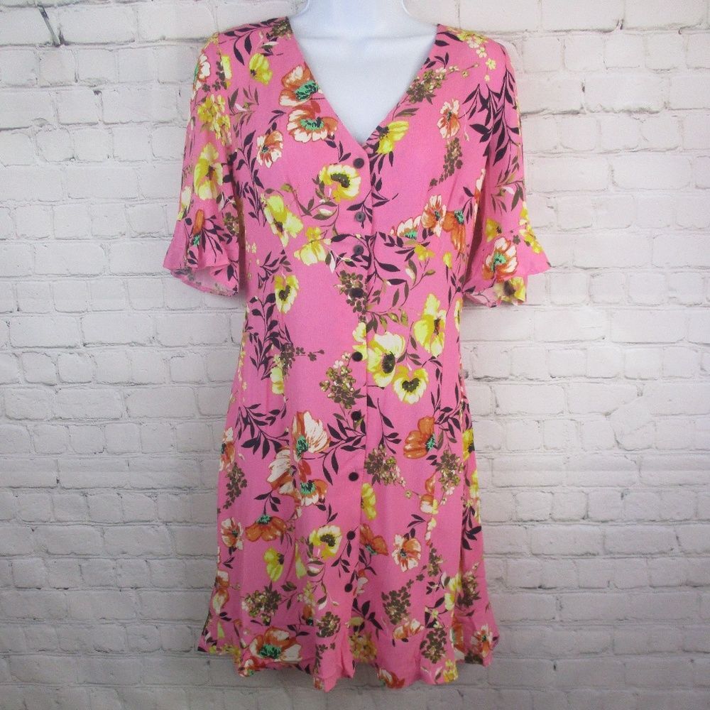 NWT Bershka Floral Ruffle Short Sleeve Button Down Dress
